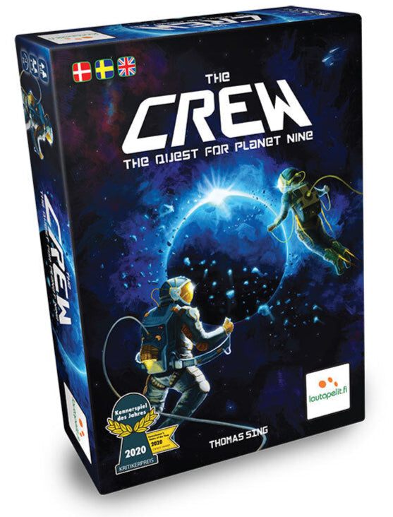 Board game box titled 'The Crew: The Quest for Planet Nine' with space-themed artwork and branding.