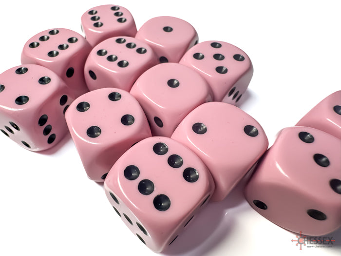 Chessex Opaque Pastel Pink/black 16mm d6 Dice Block - 12 Dice