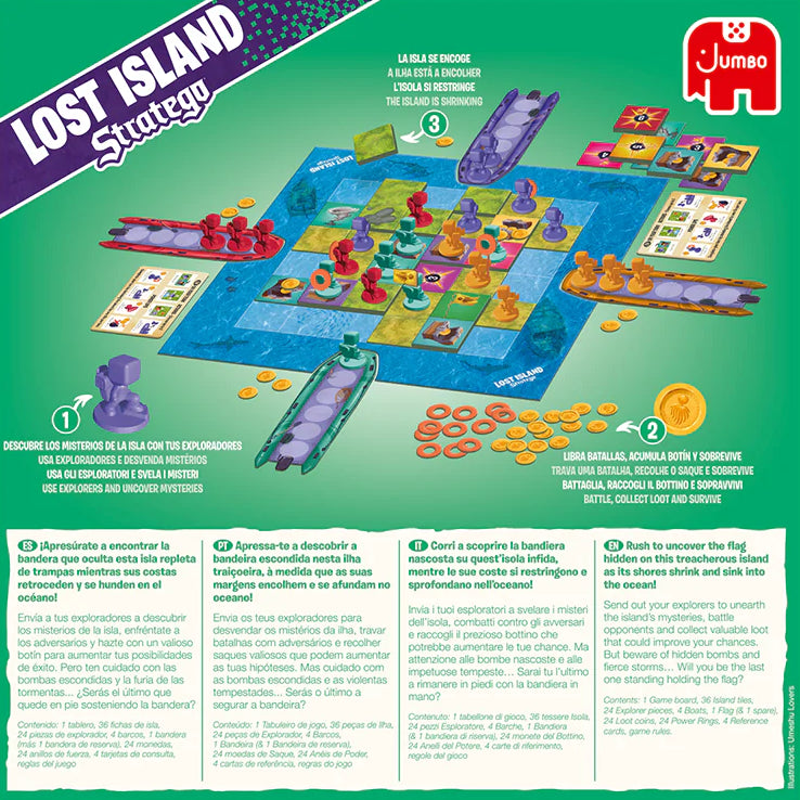 Board game packaging for 'Lost Island' with colorful game pieces and instructions.