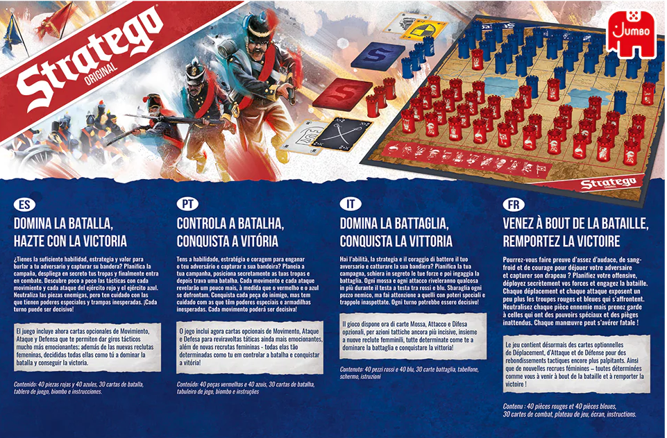 Stratego board game packaging with game pieces and text on a white background