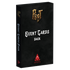 Black card pack with gold and red text and logos on a white background