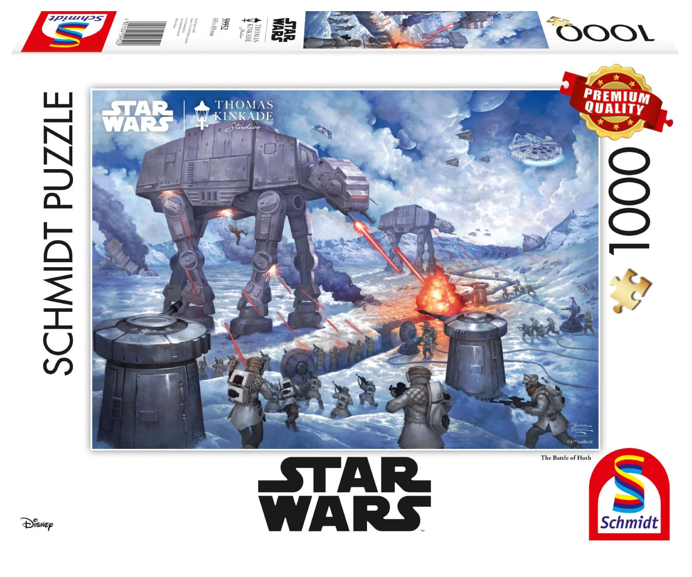 Star Wars puzzle packaging with AT-AT and other characters on a snowy landscape, featuring Schmidt and Disney logos.