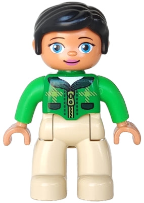 Duplo Figure Lego Ville, Female, Tan Legs, Green Top with Tartan Plaid and Zipper, Bright Green Arms, Black Hair, Oval Eyes (6183830 / 6203756 / 6273383) (47394pb203a)
