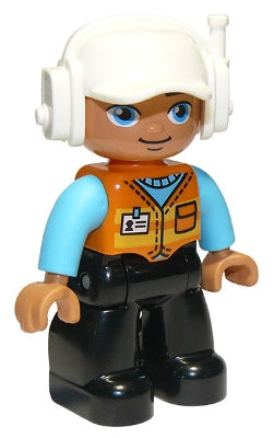 Duplo Figure Lego Ville, Male, Black Legs, Orange Vest with Badge and Pocket, Medium Azure Arms, White Cap with Headset (6301361) (47394pb288)