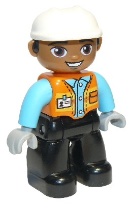 Duplo Figure Lego Ville, Male, Black Legs, Orange Vest with Badge and Pocket, Medium Azure Arms, Light Bluish Gray Hands, White Construction Helmet (6308180) (47394pb289)