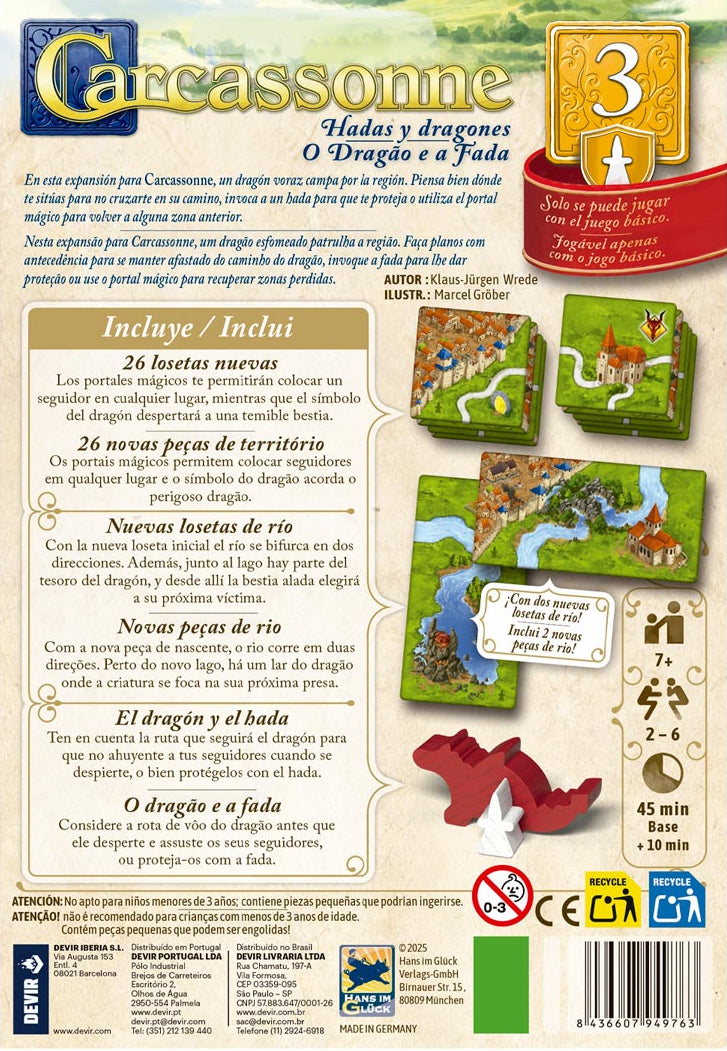 Carcassonne board game expansion packaging with text and graphics on a white background