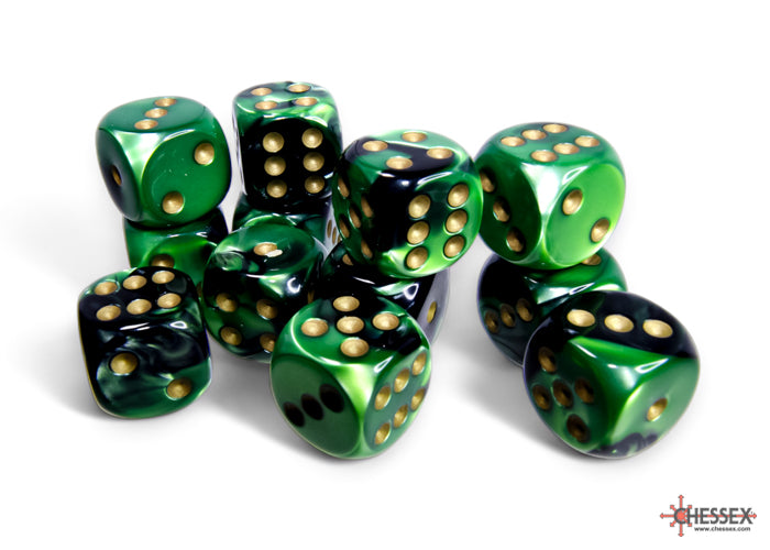 Chessex Gemini Black-Green/gold 16mm D6 Dice Block - 12 dice