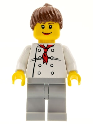 Chef - White Torso with 8 Buttons, Light Bluish Gray Legs, Reddish Brown Ponytail Hair, Brown Eyebrows, Female (chef019)