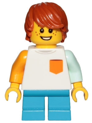 Boy, Freckles, White Shirt with Orange Pocket, Dark Azure Short Legs, Dark Orange Hair Tousled with Side Part (cty1023)