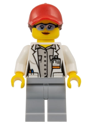 Scientist - Female, Red Cap with Ponytail Hair, Blue Goggles and Light Bluish Gray Legs (cty1069)
