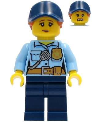 Police - City Officer Female, Bright Light Blue Shirt with Badge and Radio, Dark Blue Legs, Dark Blue Cap with Dark Orange Ponytail, Pensive Smile (cty1258)