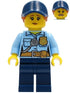 Police - City Officer Female, Bright Light Blue Shirt with Badge and Radio, Dark Blue Legs, Dark Blue Cap with Dark Orange Ponytail, Pensive Smile (cty1258)