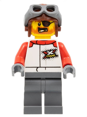 Stuntz Truck Driver - Male, White and Red Racing Suit with 'XTREME' Logo, Dark Bluish Gray Legs, Reddish Brown Aviator Cap, Dark Bluish Gray Goggles, Eye Patch, Beard (cty1324)