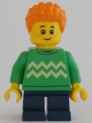 Child - Boy, Bright Green Sweater, Dark Blue Short Legs, Orange Short Coiled Hair, Freckles (cty1343)