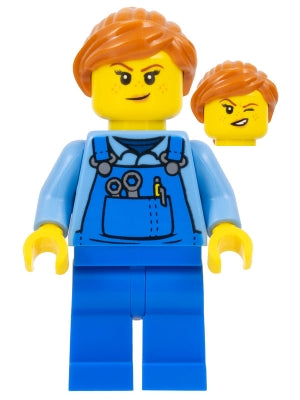 Janitor - Female, Blue Overalls over Medium Blue Shirt, Blue Legs, Dark Orange Hair, Back Print (cty1348)