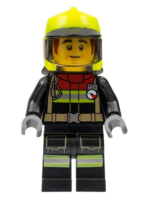 Fire - Male, Black Jacket and Legs with Reflective Stripes and Red Collar, Neon Yellow Fire Helmet, Trans-Brown Visor, Dark Orange Sideburns (Bob) (cty1362)
