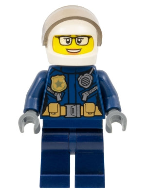 Police - City Motorcyclist Female, Leather Jacket with Gold Badge and Utility Belt, White Helmet, Trans-Brown Visor, Glasses, and Open Mouth Smile (cty1363)
