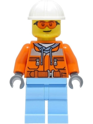 Construction Worker - Male, Orange Safety Jacket, Reflective Stripe, Sand Blue Hoodie, Bright Light Blue Legs, White Construction Helmet, Safety Glasses (cty1404)