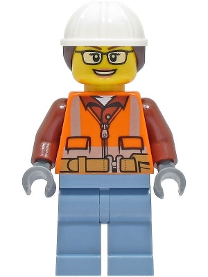 Construction Worker - Female, Orange Safety Vest, Reflective Stripes, Reddish Brown Shirt, Sand Blue Legs, White Construction Helmet with Dark Brown Ponytail Hair, Glasses (cty1405)