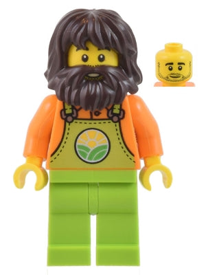 Farmer - Male, Lime Overalls over Orange Shirt, Lime Legs, Dark Brown Shaggy Hair and Beard (cty1442)