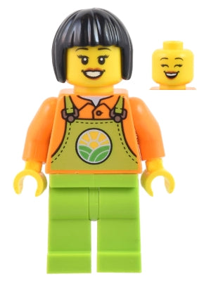 Farmer - Female, Lime Overalls over Orange Shirt, Lime Legs, Black Short Hair (cty1444)