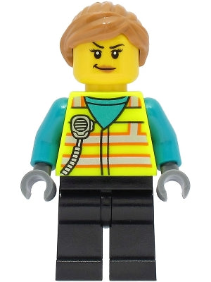 Train Driver - Female, Neon Yellow Safety Vest with Radio, Black Legs, Medium Nougat Ponytail Hair (cty1464)
