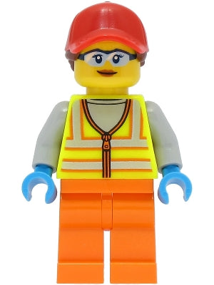 Reach Stacker Driver - Female, Neon Yellow Safety Vest with Reflective Stripes, Orange Legs, Red Ball Cap with Reddish Brown Ponytail (cty1467)