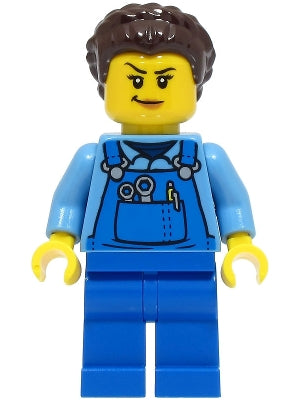 Stuntz Crew - Female, Blue Overalls over Medium Blue Shirt, Blue Legs, Dark Brown Hair, Back Print (cty1500)