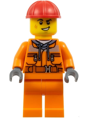 Construction Worker - Male, Orange Safety Jacket, Reflective Stripe, Sand Blue Hoodie, Orange Legs, Red Construction Helmet (cty1604)