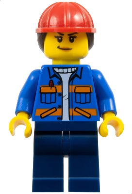 Construction Worker - Female, Blue Jacket with Diagonal Lower Pockets and Orange Stripes, Dark Blue Legs, Red Construction Helmet with Dark Brown Ponytail Hair (cty1605)