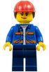 Construction Worker - Female, Blue Jacket with Diagonal Lower Pockets and Orange Stripes, Dark Blue Legs, Red Construction Helmet with Dark Brown Ponytail Hair (cty1605)