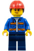 Construction Worker - Female, Blue Jacket with Diagonal Lower Pockets and Orange Stripes, Dark Blue Legs, Red Construction Helmet with Dark Brown Ponytail Hair (cty1605)
