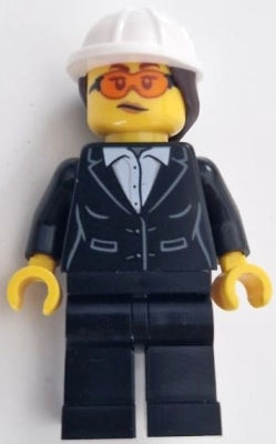 Construction Engineer / Architect - Female, Black Suit Jacket with White Button Up Shirt, Black Legs, White Construction Helmet with Dark Brown Ponytail Hair, Safety Glasses (cty1606)