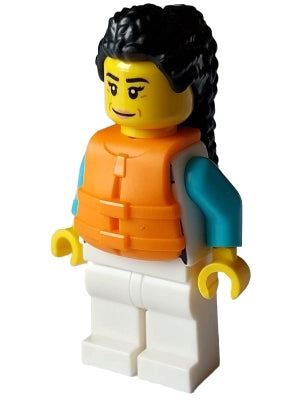 Arctic Explorer - Female, White Jacket over Medium Azure Shirt, White Legs, Black Hair, Orange Life Jacket (cty1641)