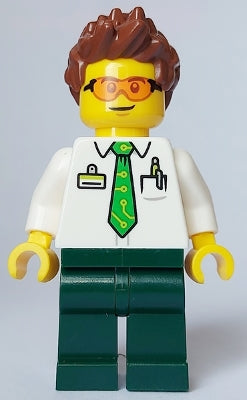 Electric Scooter Rider - Male, White Shirt with Bright Green Tie, Dark Green Legs, Reddish Brown Spiked Hair, Safety Glasses (cty1650)