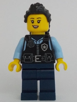 Police - City Officer Female, Black Safety Vest with Silver Star Badge Logo, Dark Blue Legs, Black Hair Long with Braided Ponytail (cty1703)