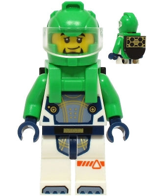 Astronaut - Male, White Spacesuit with Bright Green Arms, Bright Green Helmet, Trans-Clear Visor, Bright Green Harness with Solar Panel, Goatee (cty1706)