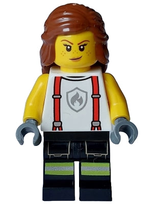 Fire - Female, White Shirt with Suspenders, Legs with Reflective Stripes, Reddish Brown Hair with Braid (cty1715)