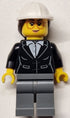 Construction Engineer / Architect - Female, Black Suit Jacket with White Button Up Shirt, Dark Bluish Gray Legs, White Construction Helmet with Dark Brown Ponytail Hair, Glasses (cty1816)