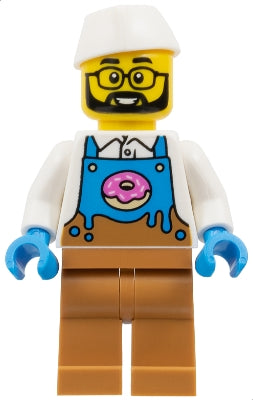Donut Truck Vendor - Male, Dark Azure and Medium Nougat Apron with Donut over White Shirt, Medium Nougat Legs, White Butcher / Food Service Cap, Glasses, Beard (cty1860)