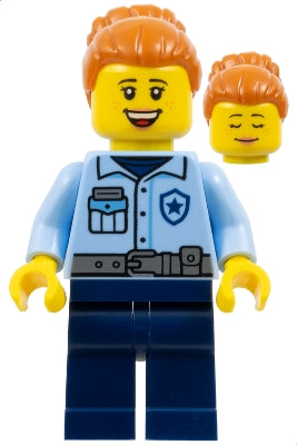 Donut Truck Customer (Police) - City Officer Female, Bright Light Blue Uniform with Dark Bluish Gray Belt, Dark Blue Legs, Dark Orange Hair with Bun, Freckles (cty1861)
