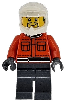 Formula 1 Pit Crew Member - Male, Reddish Orange Racing Suit with Pockets, Dark Bluish Gray Legs, White Dirt Bike Helmet, Goatee, Hearing Aid (cty1866)