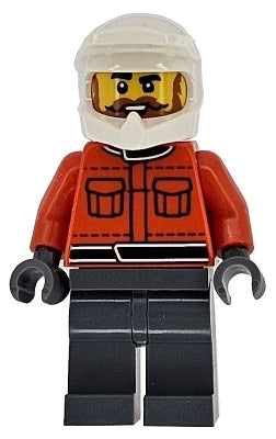 Formula 1 Pit Crew Member - Male, Reddish Orange Racing Suit with Pockets, Dark Bluish Gray Legs, White Dirt Bike Helmet, Beard and Moustache (cty1867)