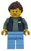 Delivery Worker - Female, Dark Blue Bodywarmer over Sand Green Sweater, Bright Light Blue Legs, Reddish Brown Hair, Hearing Aid (cty1952)