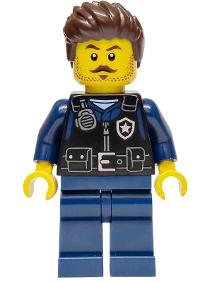 Police - City Officer Male, Black Safety Vest with Silver Star Badge Logo, Dark Blue Legs, Dark Brown Wavy Hair (cty1968)