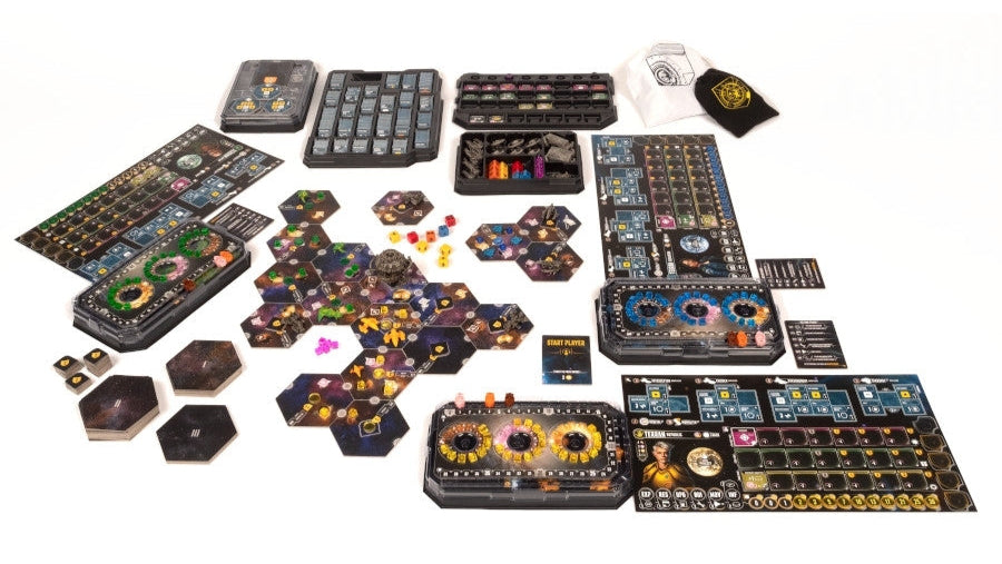 Board game components including cards, dice, and pieces on a white background