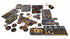 Board game components including cards, dice, and pieces on a white background