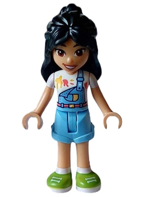 Friends Liann - Bright Light Blue Overalls over White Shirt, Bright Light Blue Shorts, Lime Shoes (frnd0600)