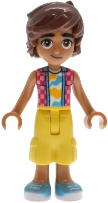 Friends Leo - Coral and Magenta Checkered Sleeveless Shirt, Yellow Cropped Trousers, Medium Azure Shoes (frnd0846)