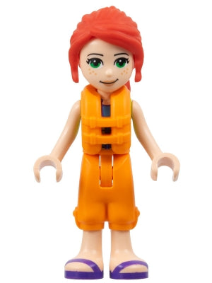 Friends Mia - Lime Jacket Vest with Pockets, Orange Trousers Cropped, Dark Purple Sandals, Orange Life Jacket (frnd512)